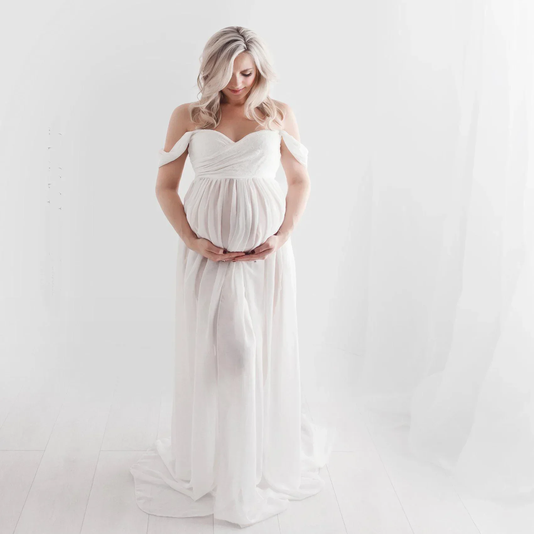 Maternity Dress for Photography Off Shoulder Chiffon Gown Soft Split Front Maxi Pregnancy Dresses for Photoshoot Baby Shower