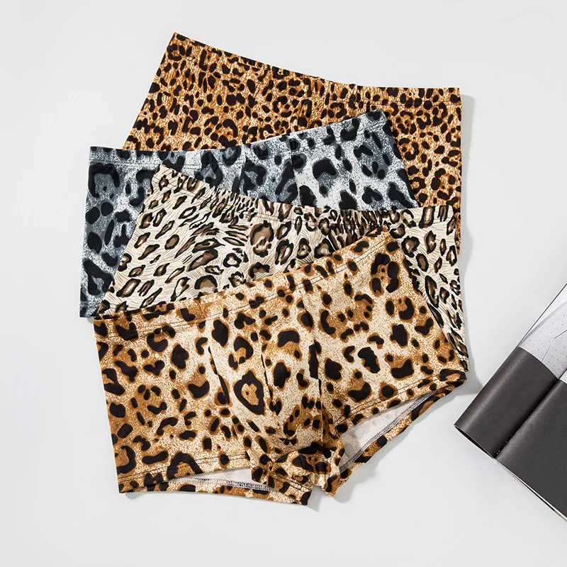 Модные шорты-боксеры с леопардовым принтом, дышащие тонкие мужские трусы из ледяного шелка, U-образные выпуклые трусы, сексуальные быстросохнущие трусики