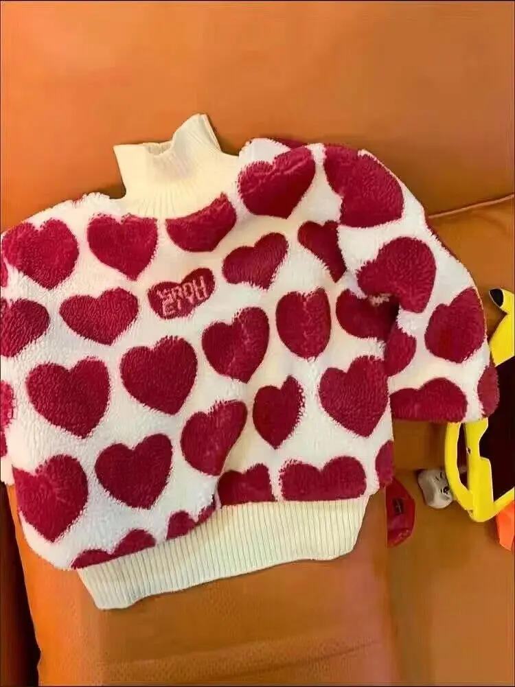 2023 Winter Girls Cute Heart Thick Warm Fleece Sweatshirts Baby Kids Children Pullover Top Outerwear