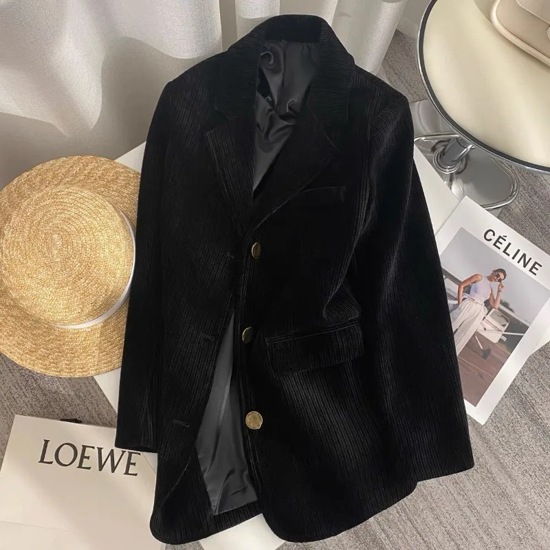 Women's Black Slimming Autumn Winter Corduroy Suit Coat New Style High-end Chic Casual Suit Small Suit Blazer Women Fashion