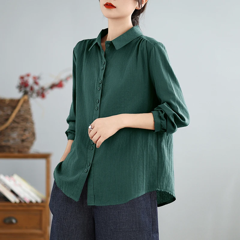Autunno New Sle Donna Loose Fit Lungo Sve Cotton irt Top dimagrante in filato di cotone artistico vintage a doppio strato
