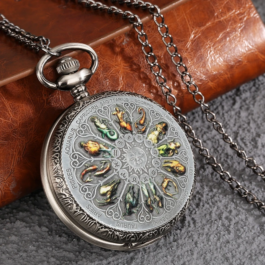 Retro Grijs 12 Sterrenbeelden Astrologie Patroon Quartz Zakhorloge Ketting Ketting Verjaardag Geschenken Hanger Horloge Voor Vriend Unisex