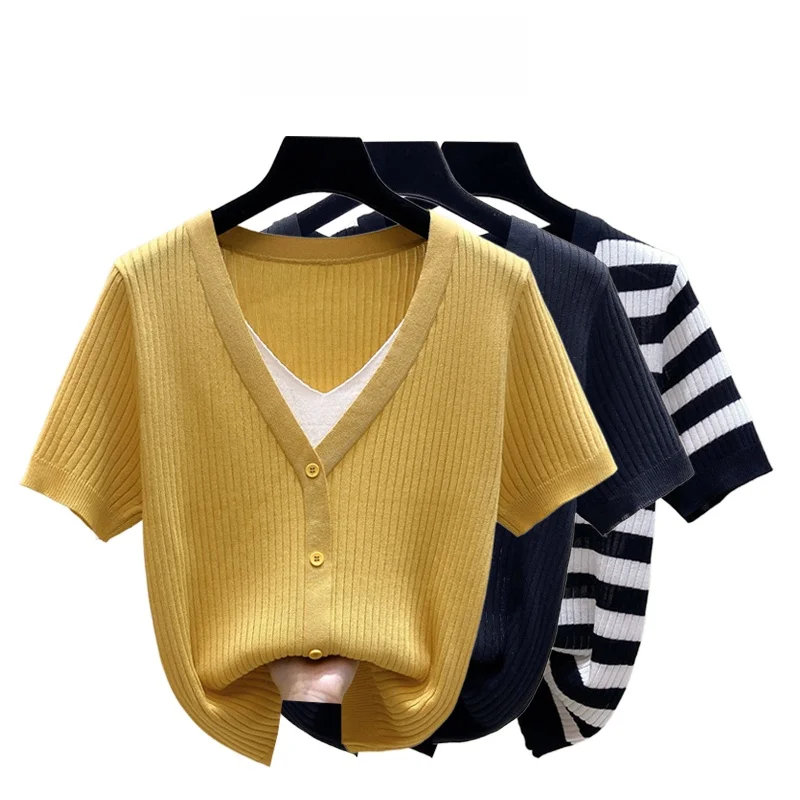 

plus Size Women's Summer Knitted Ice Silk Loose V-Neck Slimming Fashionable Top Korean Style Pear Shape Body Type Regular Sleeve