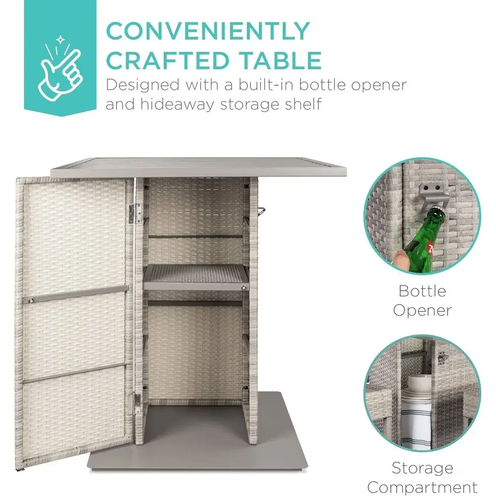 Gray Outdoor Wicker Bar Set with 4 Stools, Bottle Opener, Storage Shelf, Metal Tabletop for Patio, Poolside, Backyard