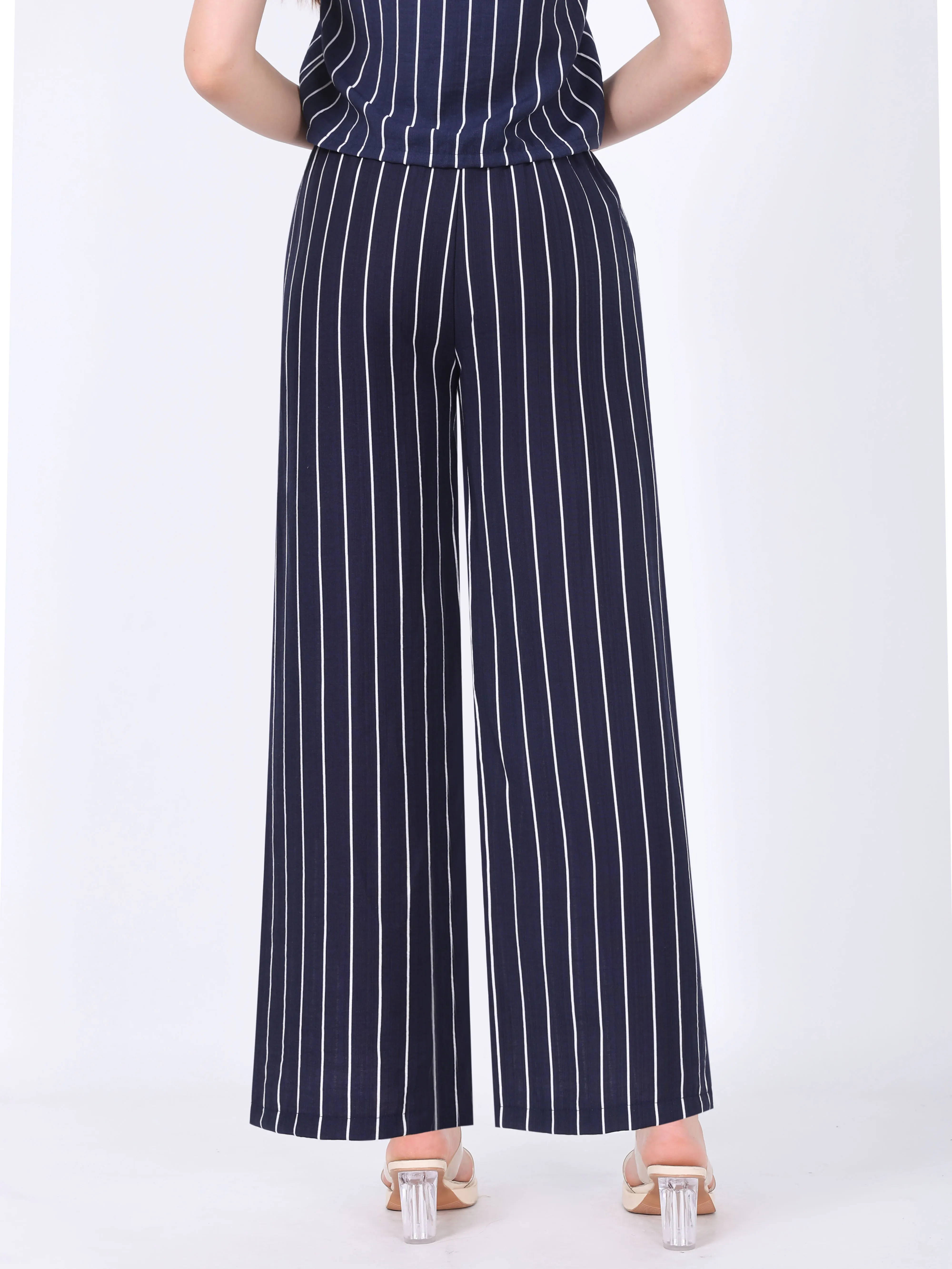 Gestreiftes zweiteiliges Outfit für Damen, ärmelloses Tanktop mit Knöpfen und elastische Hose mit weitem Bein und Kordelzug, lässiger Urlaubskostüm – Detail 9