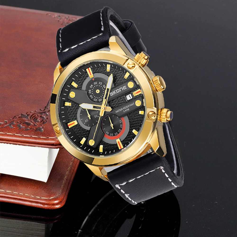 SKONE European and American fashion trend fine steel strip large dial men's multifunctional waterproof quartz light luxury watch