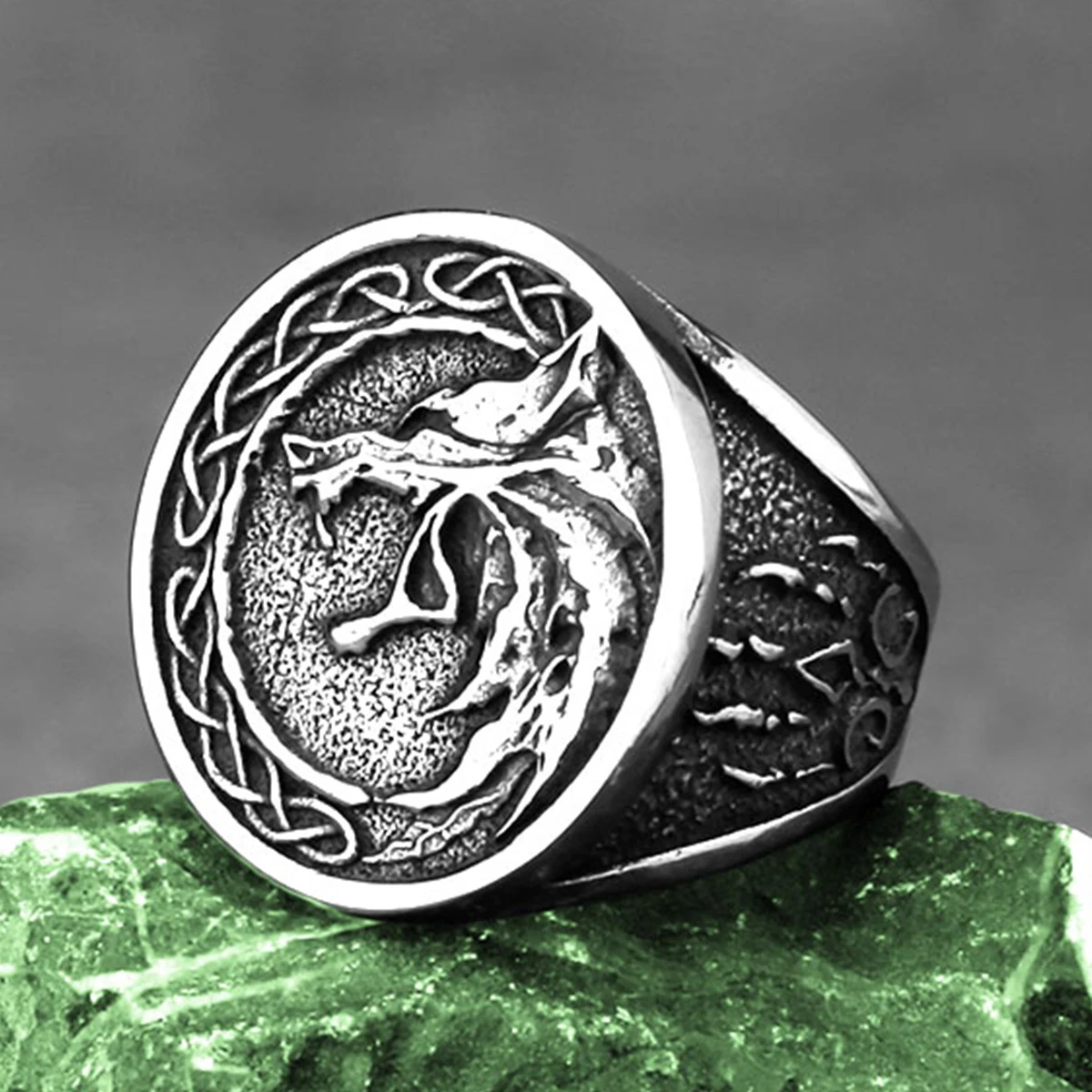 Stainless Steel Nordic Viking Wolf Head Ring Men Hip Hop Vintage Wolf Claw Rune Amulet Accessories Charm Boyfriend Jewelry Gift