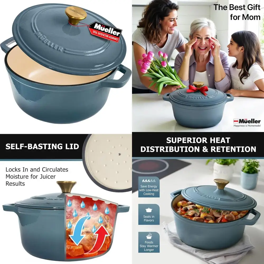 

Oven-Safe Mineral Blue Cast Iron Dutch Oven, Heavy-Duty, All Cooktops Compatible, Bread Pan with Lid and Knob, Blue Kitchenware