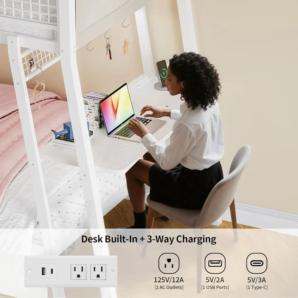 Twin Bunk Bed with Desk, RGB Lights, Storage, Safety Rails, Metal Frame, White, No Box Spring