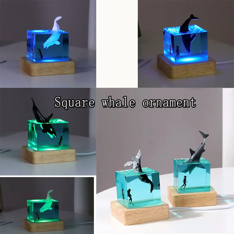 Whale Diver Night Light Decoration 5cm Cube  Gift Epoxy Resin Ocean Shark Diver Figures Decoration LED Night Light Home Decor