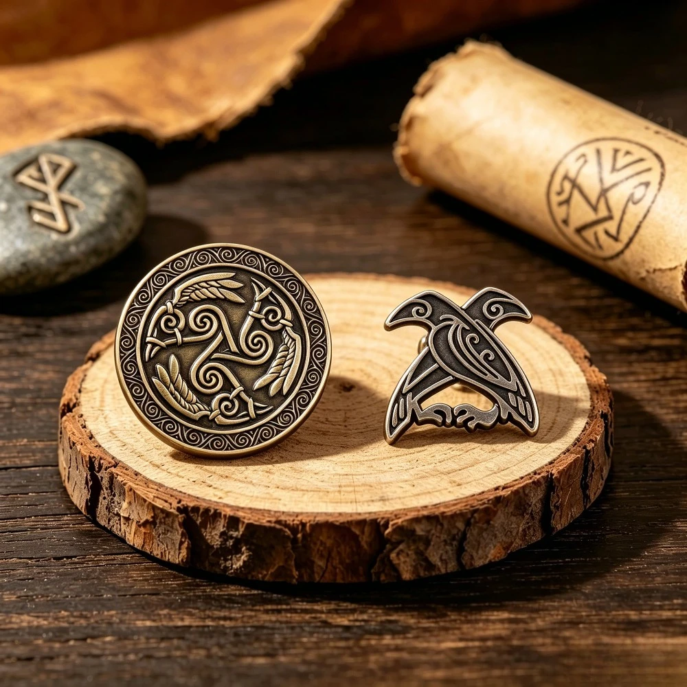 2pcs Norse Viking Raven Enamel Pin Set, Celtic Knot Triskelion & Double-Headed Crow Brooches, Vintage Odin Symbol Badges