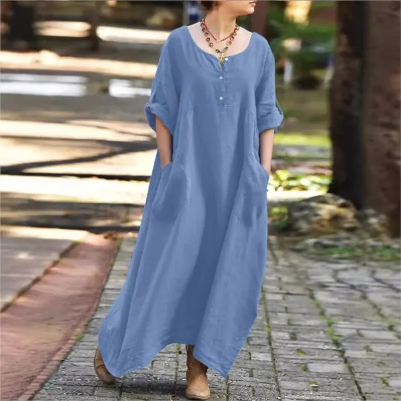 New Female Actress Elegant Solid Color Dress With Round Neck Button Slit Pocket And Loose Long Lining Skirt  Autumn Summer 2024