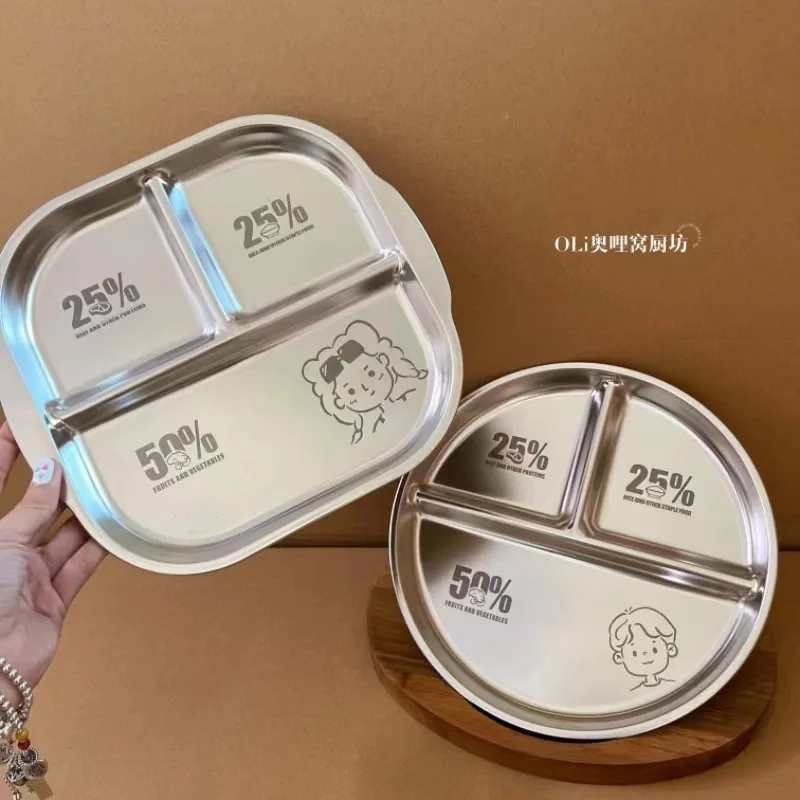 Plato de rejilla de acero inoxidable 211, vajilla para niños con reducción de grasa, separación de arroz de tres rejillas, plato de desayuno dim sum