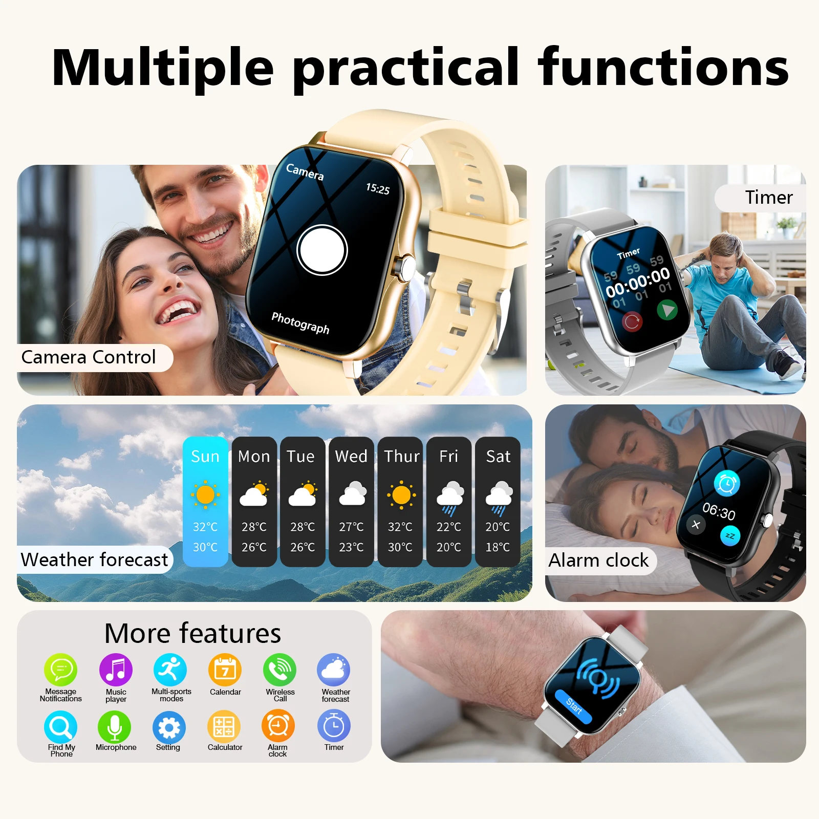 ساعة ذكية للجنسين بشاشة كبيرة مقاس 1.83 بوصة - مكالمة بلوتوث، تذكير بالرسائل، وظائف رياضية، التحكم في الكاميرا/الموسيقى، الطقس