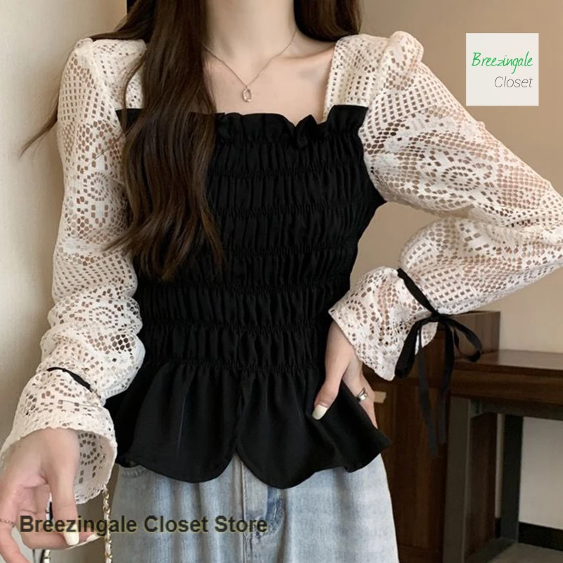 

French retro bottoming shirt hollow clavicle western lace stitching fake two-piece blouse women's spring and autumn slim shirt