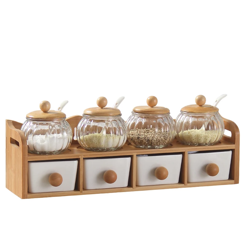 

Glass Seasoning Jar Set, Hollowed-out Chopstick Barrel, Bamboo Wooden Frame, Ceramic Tank, Mason Honey Jars for Spices