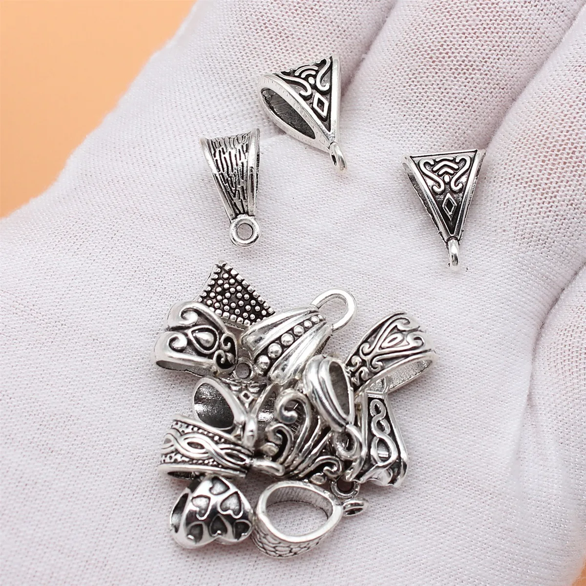 15pcs Antique Silver Color Inverted Triangle Tee Bails Beads Charms Collection For DIY Jewelry Making, 15 Styles, 1 of Each