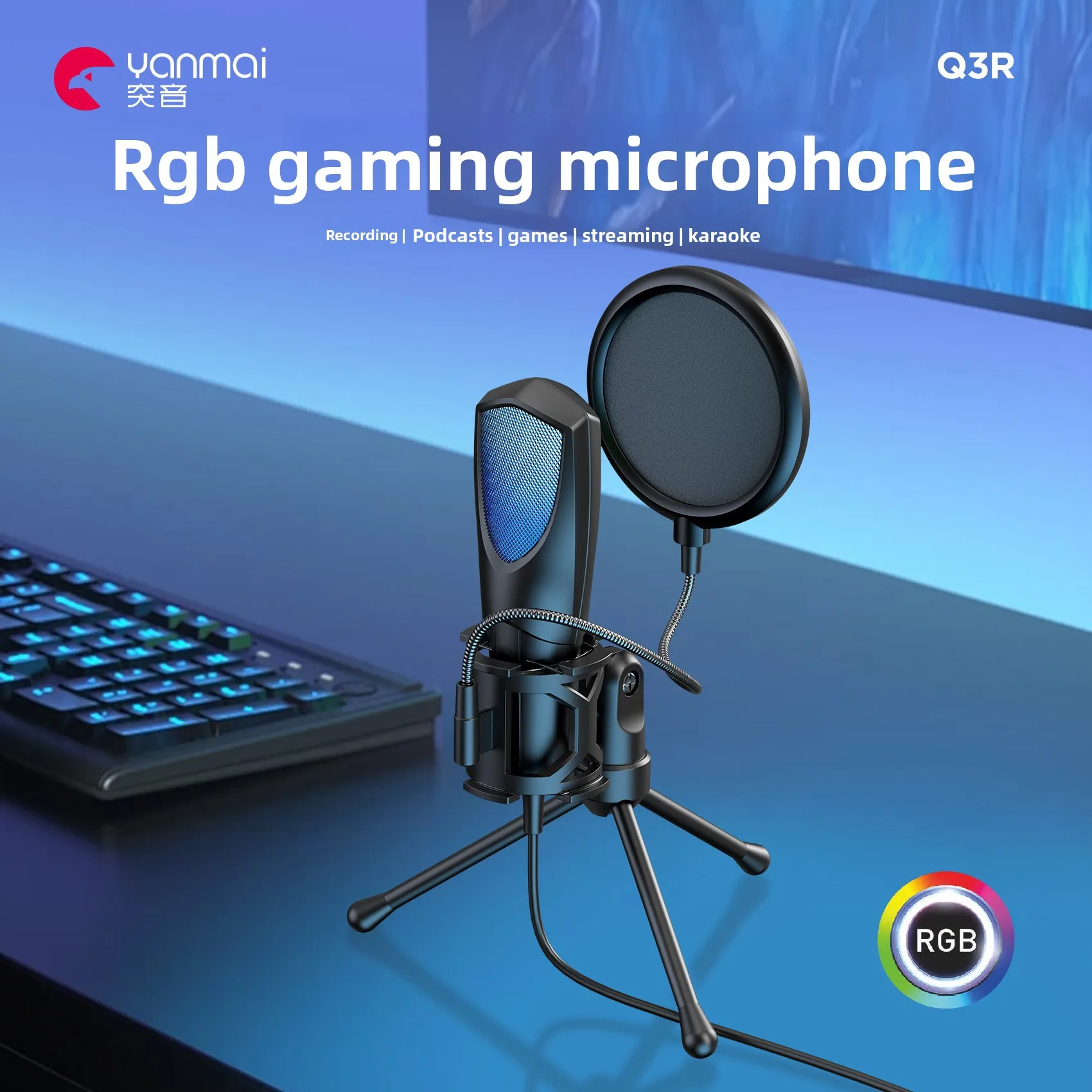 Microfone Condensador RGB para Computador Gamer Q3R/Q3G