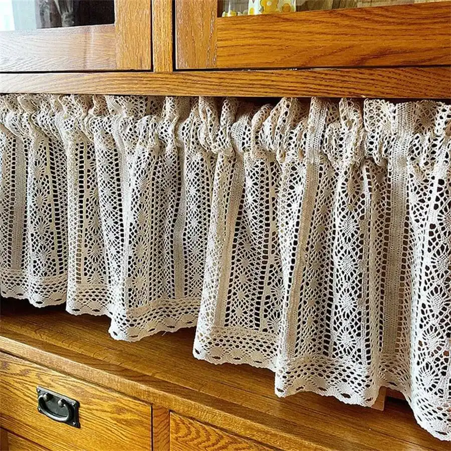 لستائر قصيرة خزانة المطبخ المرحاض الكروشيه البيج محبوك الدانتيل طبقات ثقب جوفاء الأزهار الباب مقهى الديكور نصف نافذة #6