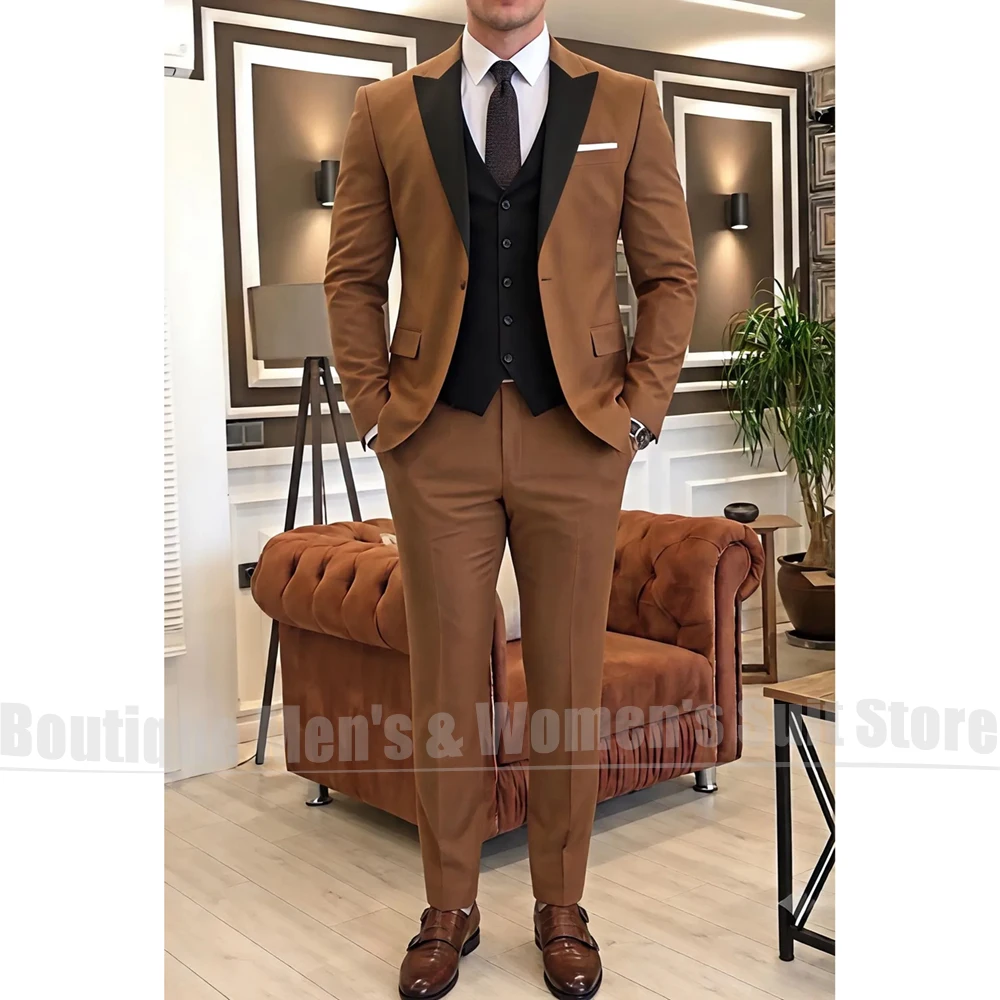 Men Peak Lapel Three Piece Suit Slim Fit Single Button Tuxedo Formal Wedding Groom Business Casual Office Gentleman Outfit