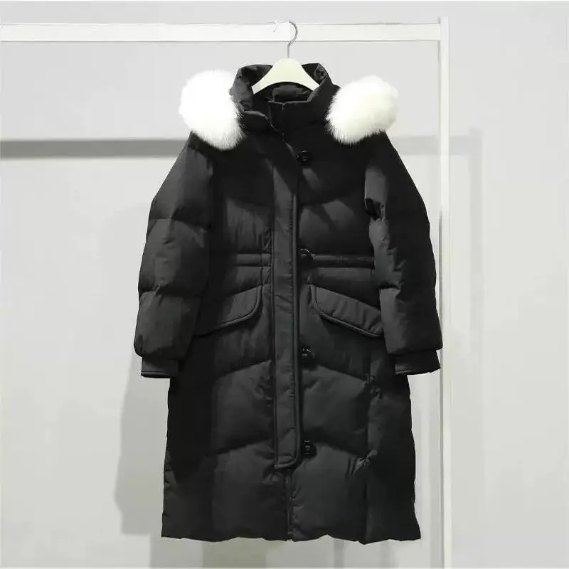冬の新しい女性のダウンジャケット通勤フード付きフォックスファー襟スリムフィットダウンジャケット