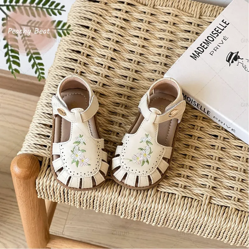 

Baby Girl Princess Embroidered Flower Sandal Infant Toddler Child Teen Elegant Soft Covered Toes Shoes Casual Summer Baby Shoes