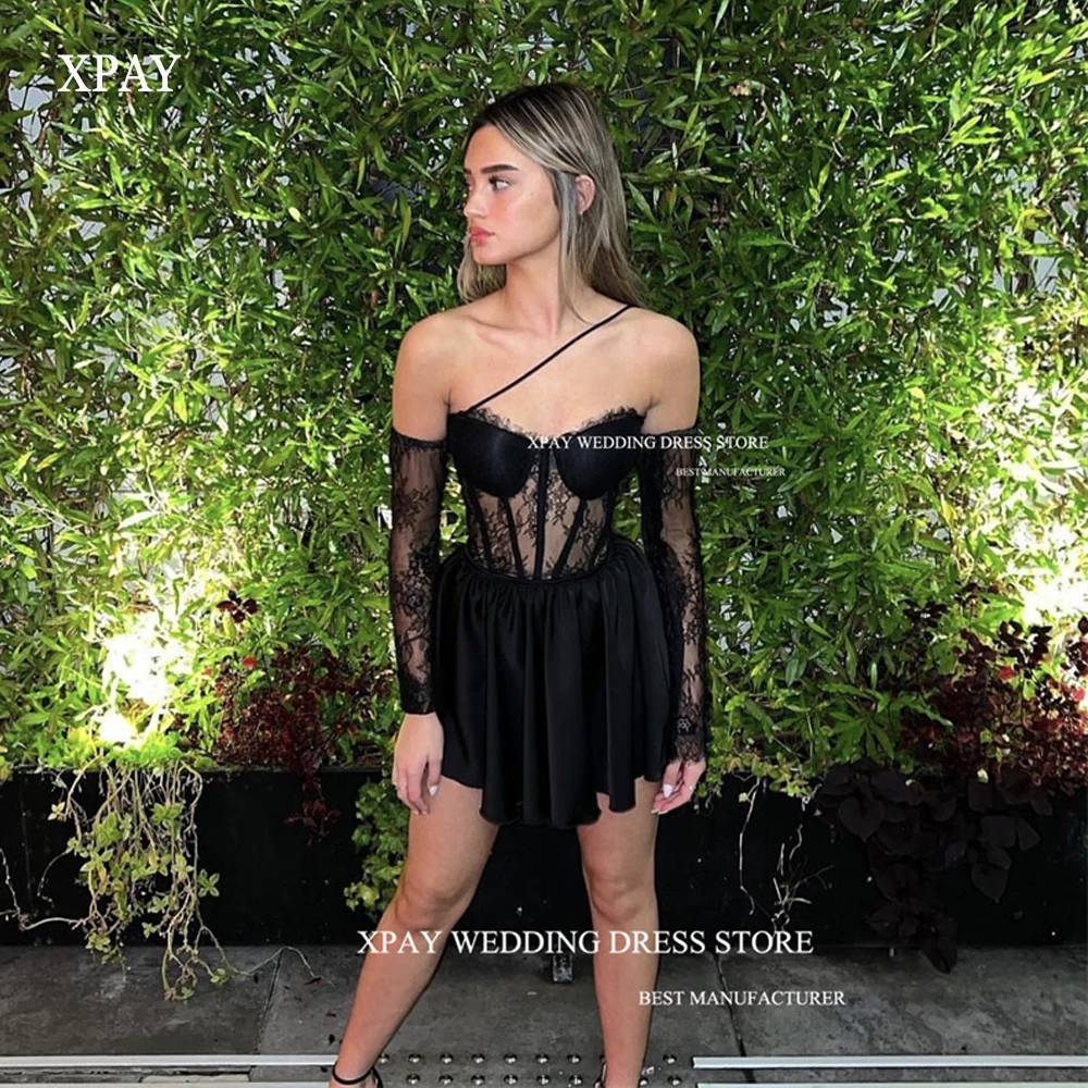 

XPAY Sexy Black Short Prom Party Dresses Sweetheart Lace Chiffon Mini Cocktail Dress Formal Night Even Gowns Arabic Women