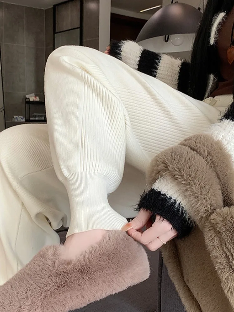 Pantaloni Harlan lavorati a maglia Thiened da donna a vita alta autunno inverno dolce Sle Bell Bot pantaloni casual in fibra di poliestere