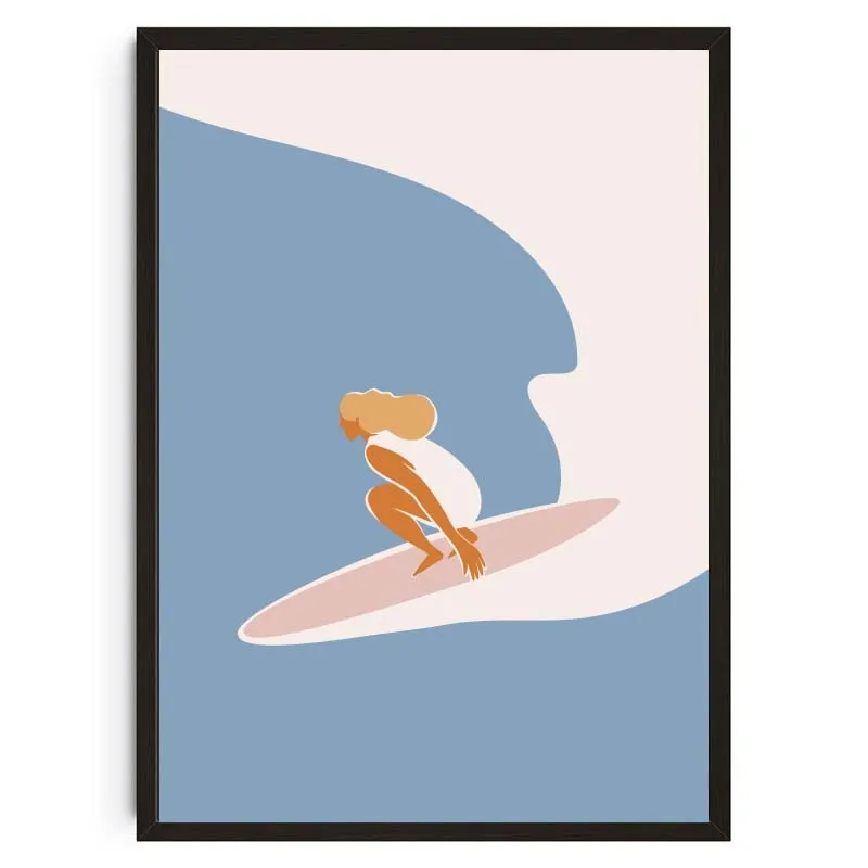 Strand, Meerblick, Surfer, Surf-Poster, Frau, Surfbrett, Sport, Leinwandbild, Küsten-Wandkunst, Bilder für Zimmer, Heimdekoration