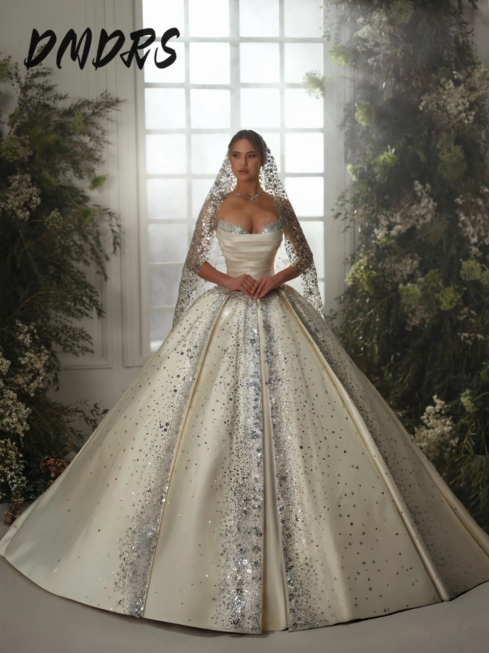 Luxury Silver Sequin Satin Ball Gown Wedding Dress Church Elegant Sweetheart Neck Bridal Gown Customized No Veil Bride Wear