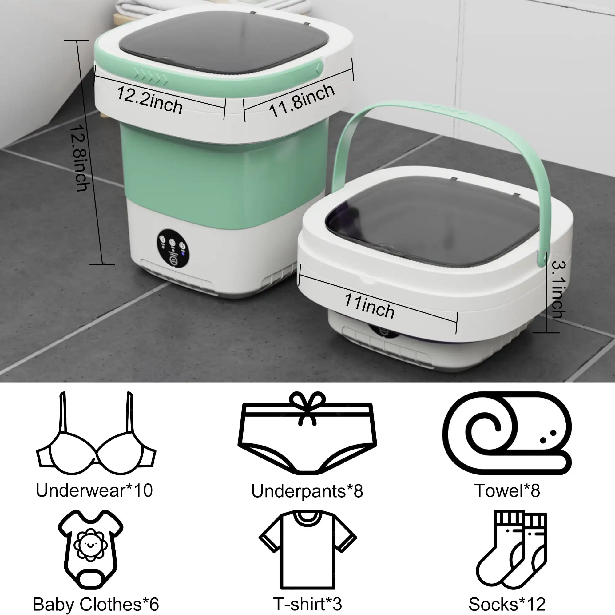 غسالة بنتانتان المحمولة سعة 12 لتر، غسالة صغيرة قابلة للطي للشقة، RV، السفر، أخضر