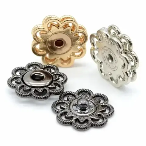10Sets Versatile Flower Snap Buttons 21mm Black/Gold/Silver Metal Snap Buttons Vintage Press Closures
