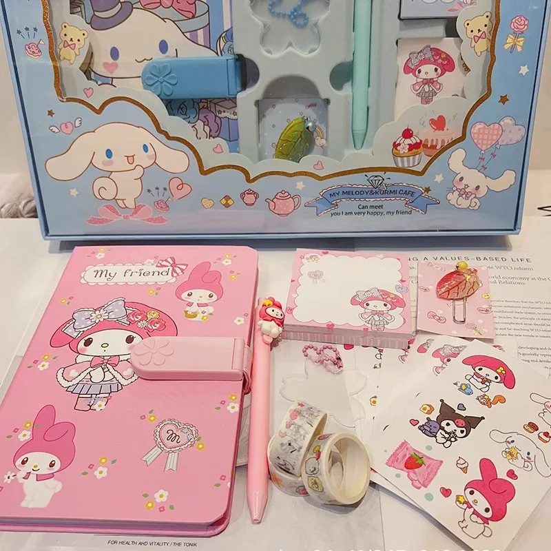 Sanrio Kuromi Stationery Set My Melody Cinnamoroll Password Notepad Mini Notebook Signature Pen Students Supplies Kids Gift