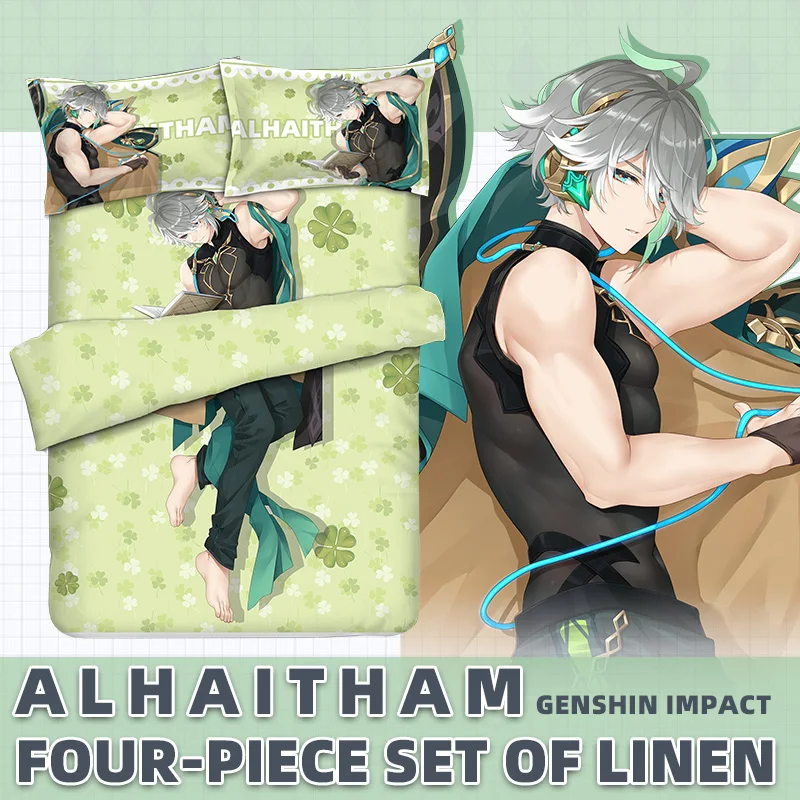 Genshin Impact Alhaitham Anime Flannel Bedding Set 4pcs Man Character