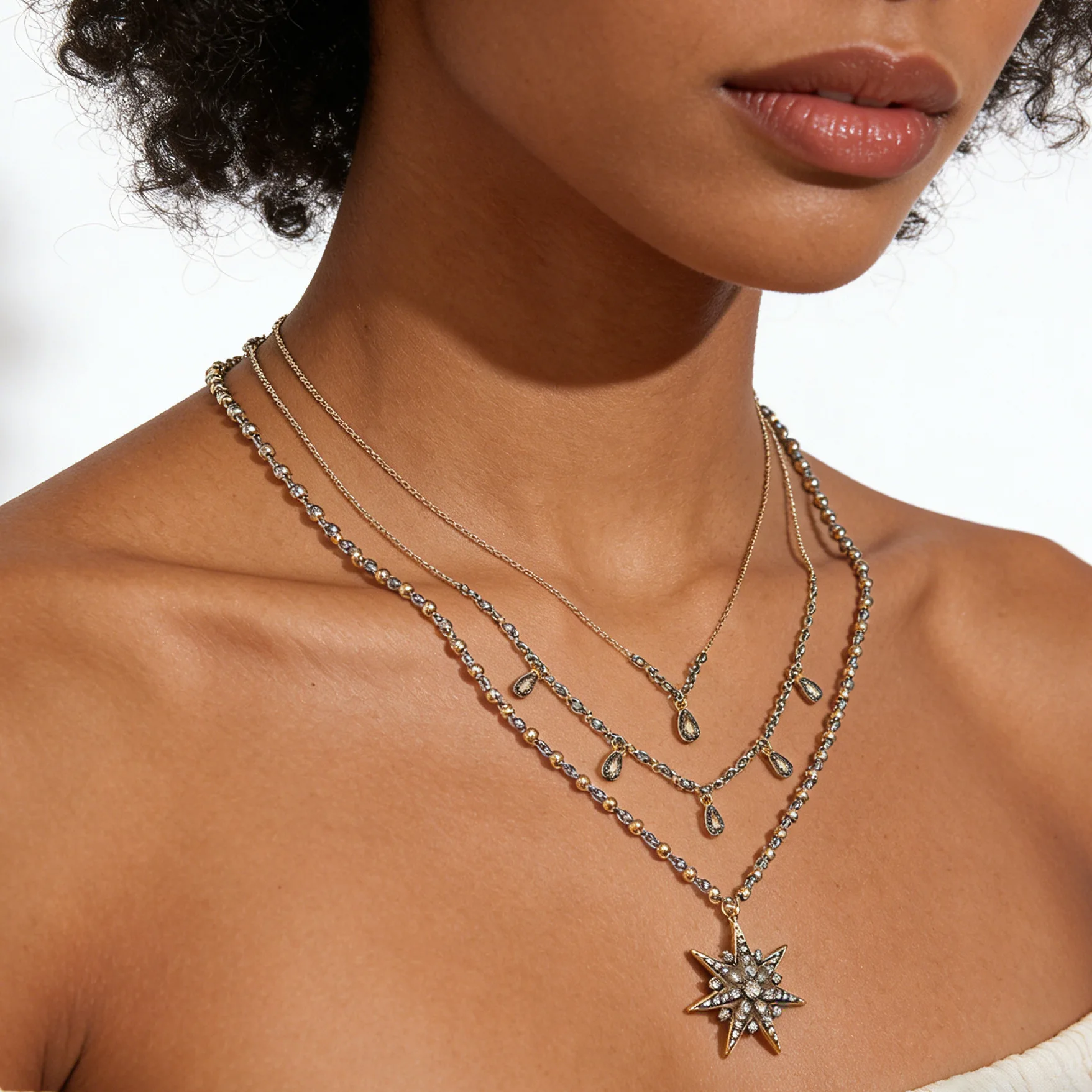 ZA full diamond star-shaped water drop-shaped pendant full diamond three stacked necklace women's high-end design source