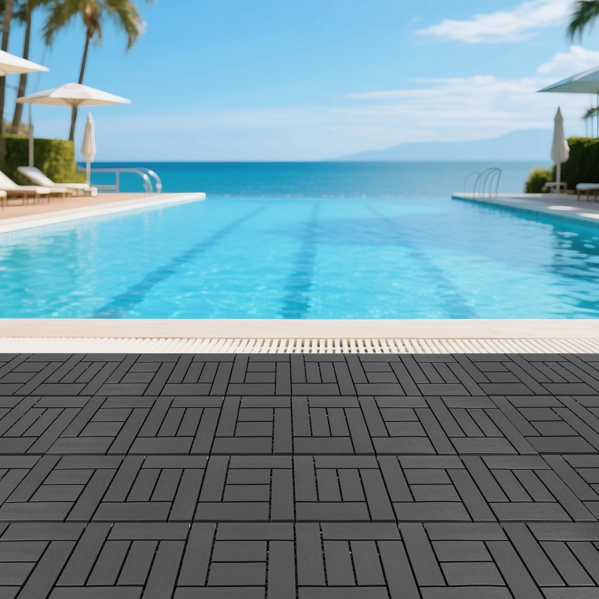 12-inch ZZ style interlocking deck tiles, DIY modular interlocking decking floor tiles, indoor and outdoor floor tiles, courtyard floor tiles that easy to install quickly ,44 pieces dark gray    RR