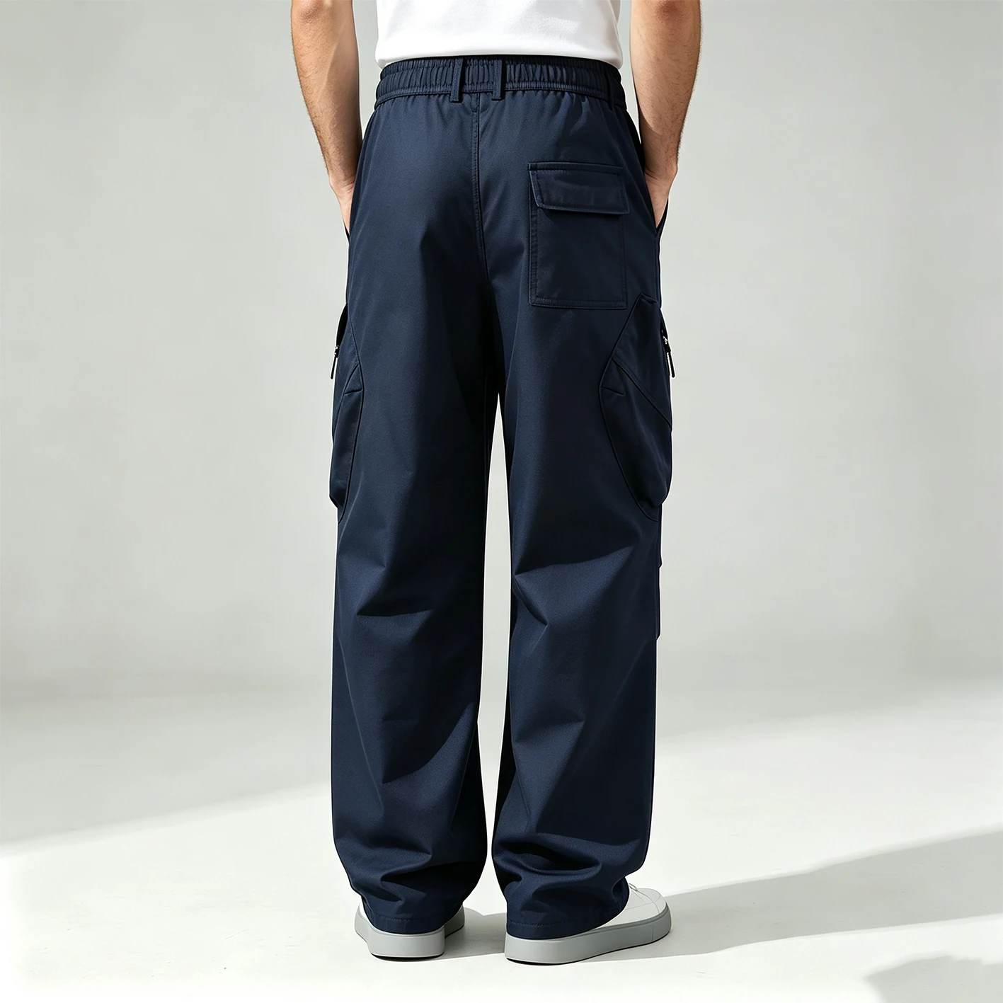 2026 Autumn Men Wide Leg Cargo Pants Asymmetric Multi Pockets Elastic Waist Loose Casual Outdoor Trousers