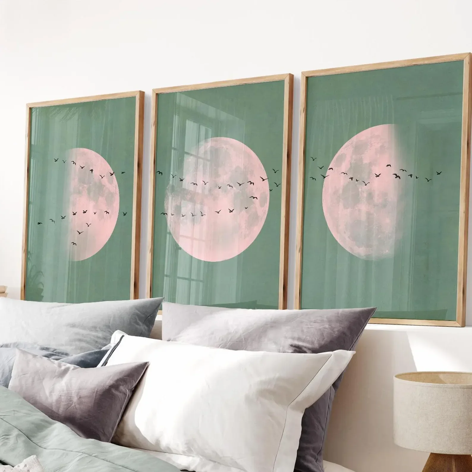 Large-sized frameless  Green Japandi Prints Pink Moon Poster Bedroom Wall Art  Flock of Birds Calming Green Poster Canva