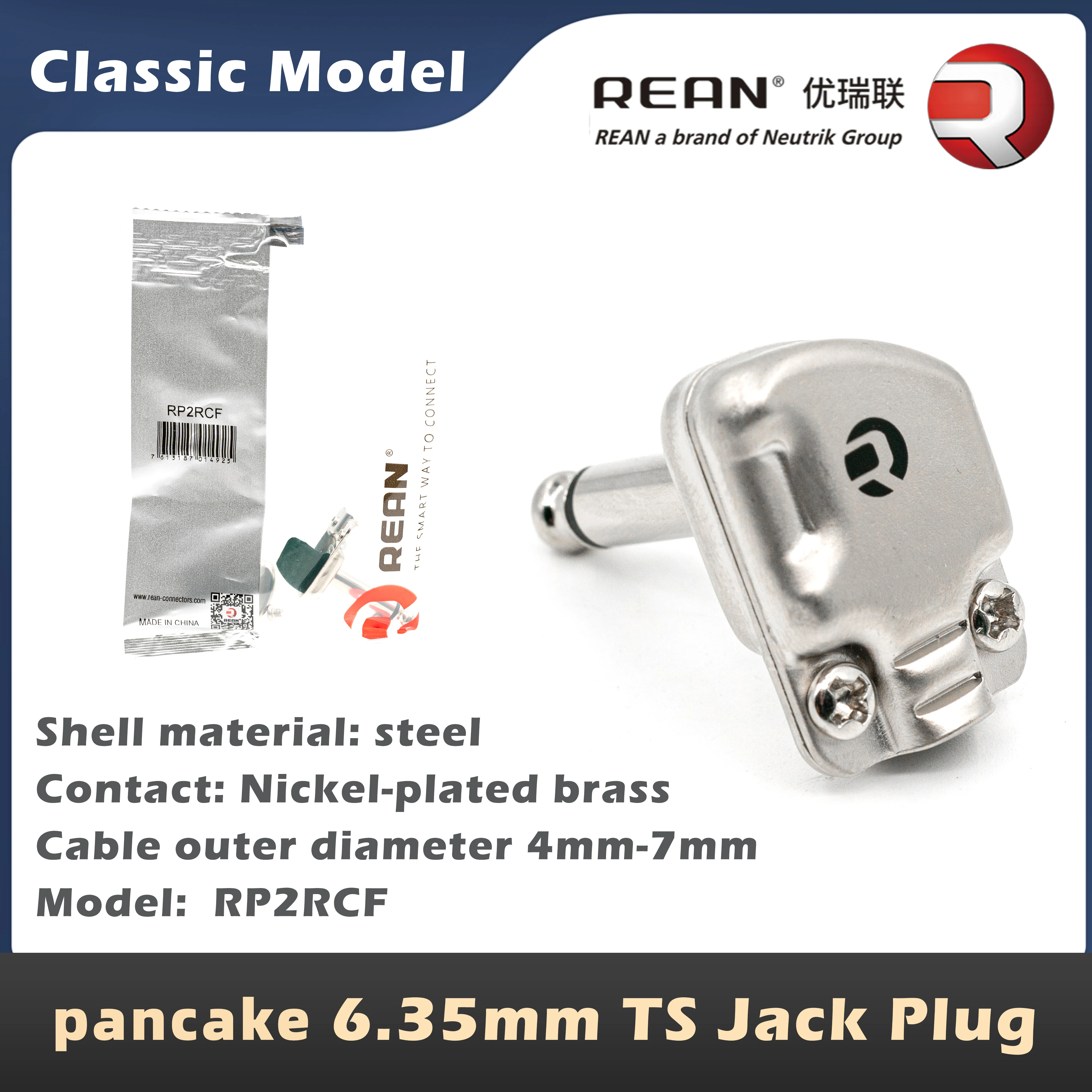 Neutrik's REAN pannenkoek 6,35 mm TS-stekker, platte jackplug voor instrumentenffecten, 90 graden haaks, Mono 1/4" telefoonstekker