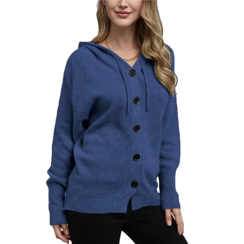 

Autumn Winter V-Neck Solid Color Knitted Women's Comfortable Casual Style 2025 New Single-Button Hooded Open Cardigan Sweater