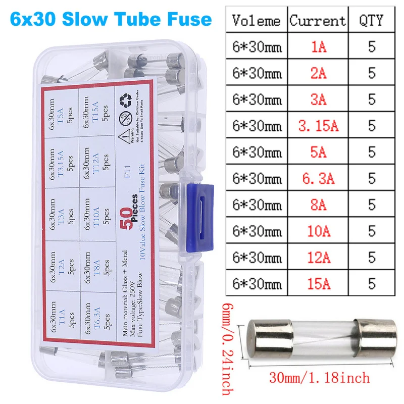 50Pcs 10Value 6x30mm T1A-T15A slow Blow Glass Tube Fuse Assorted Kit