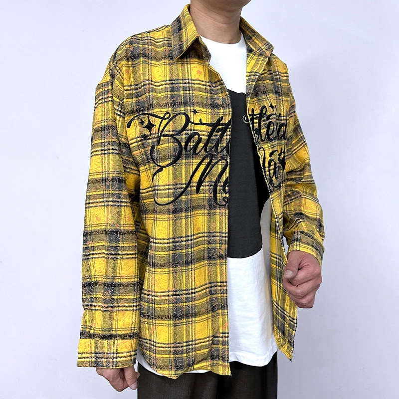 PFNW 2024 Autumn New Chic Male Shirt Commuting Lapel Single Breasted Long Sleeved Plaid Letter Design Casual Men's Tops 28W4336