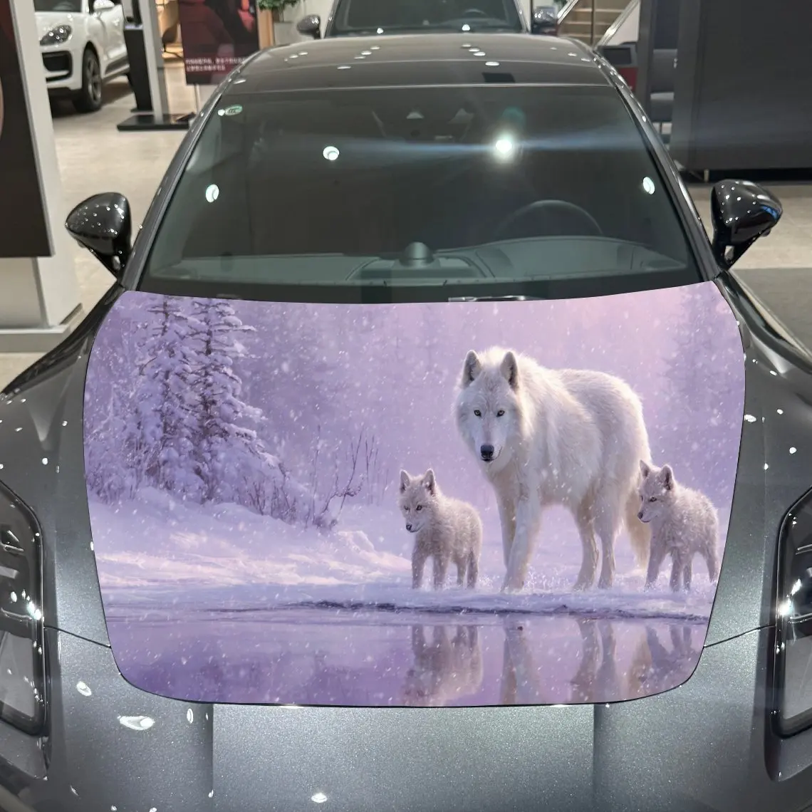 

Purple Snow Wolf Family Tender Adventure PVC Car Hood Wraps, Self-Adhesive Waterproof Car Bonnet Decal Sticker, Car Decoration P