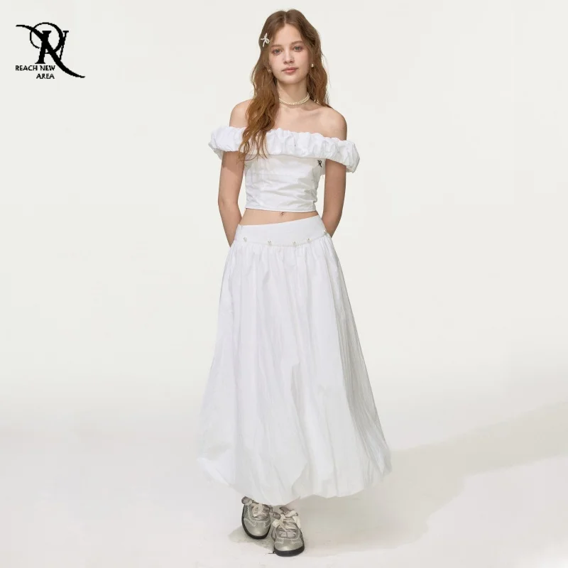 

Luxury White Dress Set Off-Shoulder Crop Top Pearls Embellished Low Waist Long Skirt Noble Elegant High Quality Women's Clothing