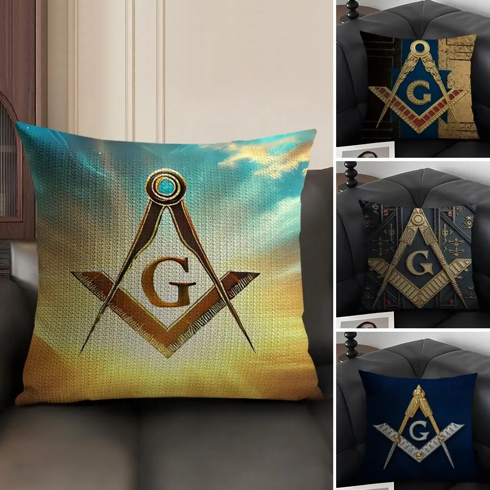 F-Freemasonry Logo Cushion Cover Natural Linen Organic Fabric Double-Sided Printing Sofa Home Decor Gift Pillow Case