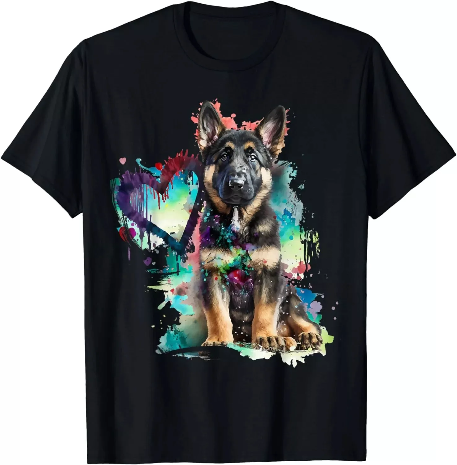 German Shepherd Puppy Mom Lover Watercolor Painting Heart Gift T-Shirt