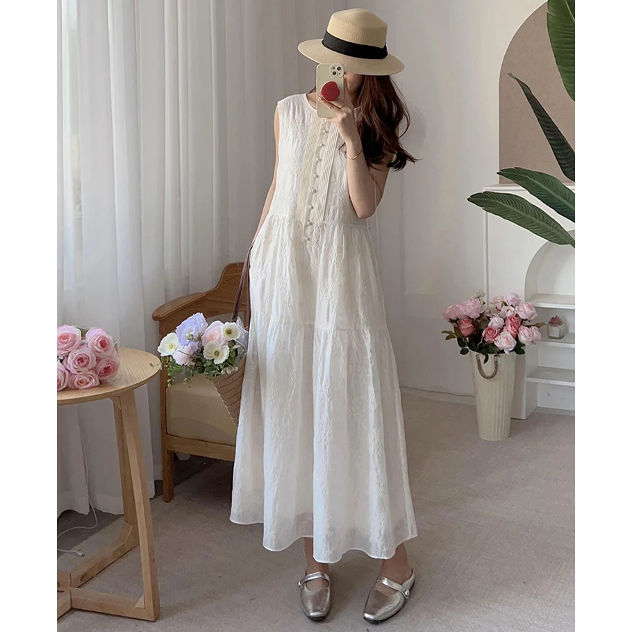 

Ele Girl Spring Summer Silk Linen Heavy Embroidery A-Line Dr Loose Fit round Ne Svel Single Button Closure