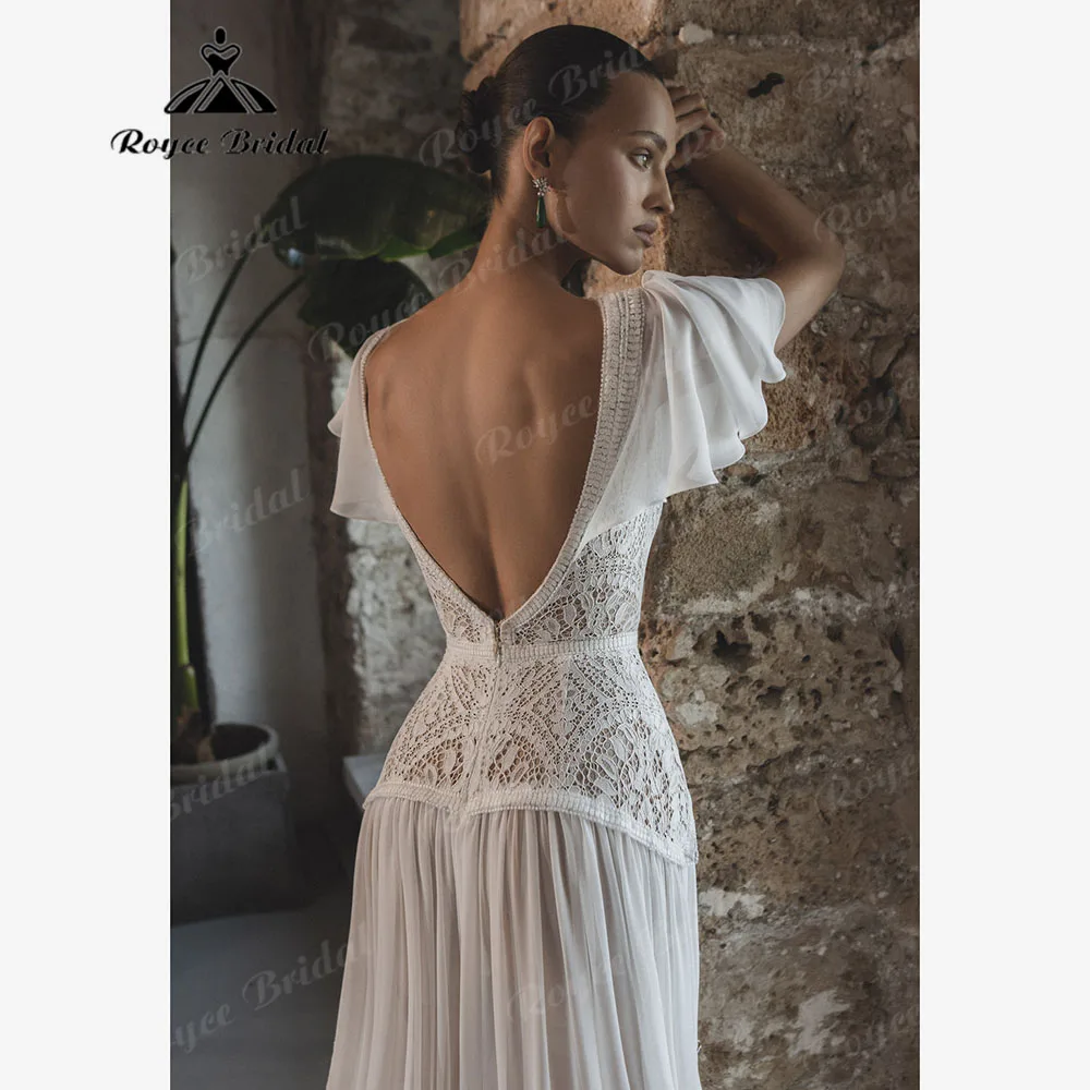 Plunging V Neck Chiffon Lace Boho Bohemian Women Wedding Dress with Short Sleeve 2025 Backless Bridal Gown robe bohem Customized