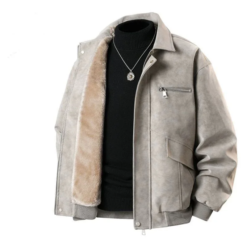 

Winter Plush Jacket Man Thicken Fleece Windproof Pocket Male Leather Coat Turn Down Collar Long Sleeve Zipper Warm Men Outerwear