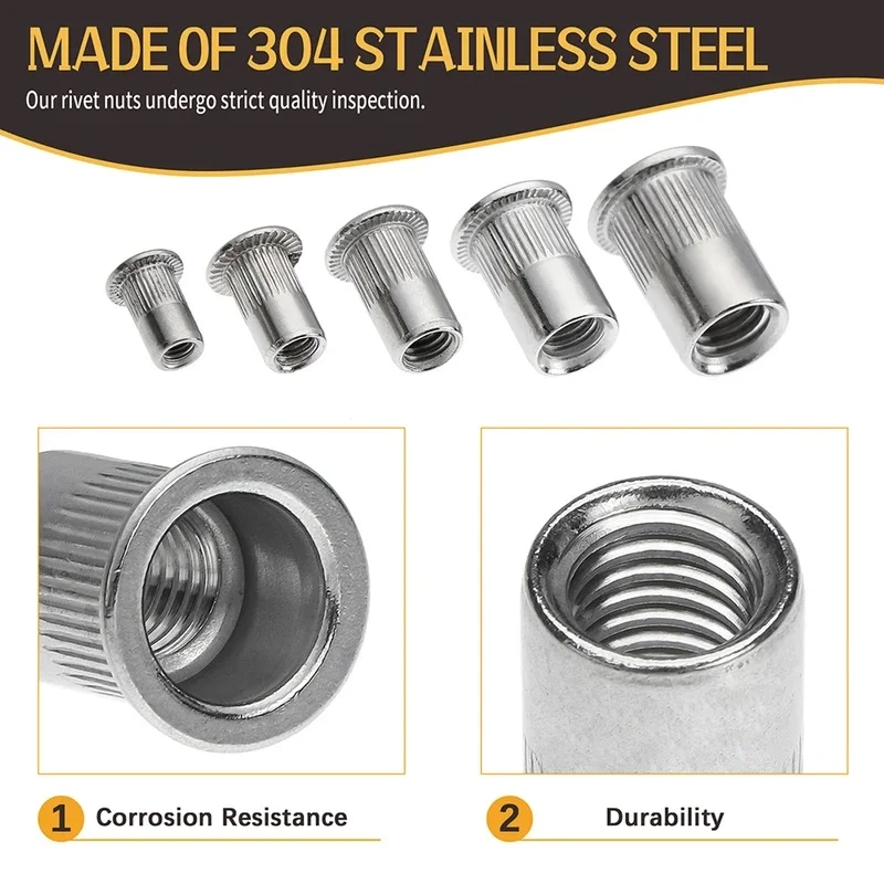 180/160/150/100/93PCS Stainless Steel Rivet Nut M3 M4 M5 M6 M8 M10 Insert Reveting Multi Size Flat Head Rivet Nut Rivnut Set